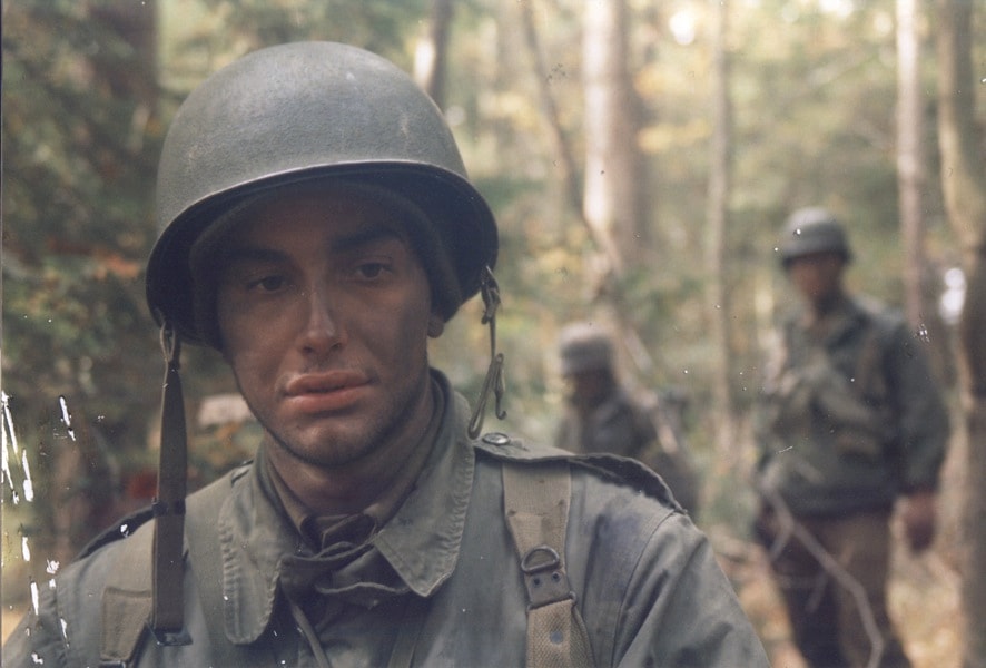 Soldier in helmet, gritty portrait